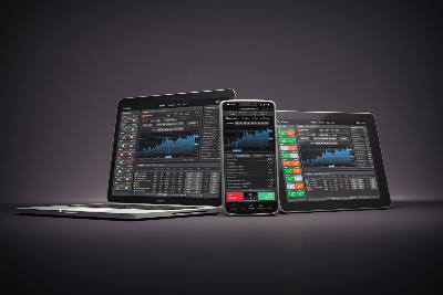 plataforma de trading multi-dispositivo sincronizada en una laptop, un smartphone y una tablet. En todas las pantallas se aprecian gráficos financieros avanzados, velas japonesas y paneles de control con botones de compra y venta
