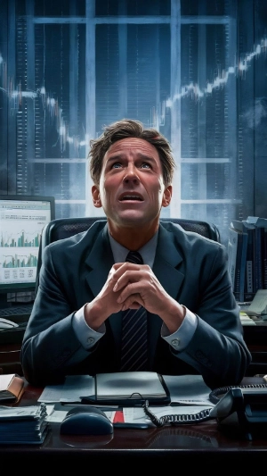 hombre con traje en su oficina, con las manos entrelazadas y una expresión de angustia o súplica mientras mira hacia arriba. Detrás de él, a través de una ventana, se proyecta una gráfica financiera con una línea de tendencia descendente