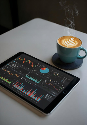 Esta imagen muestra una tableta sobre una mesa blanca con una plataforma de análisis financiero abierta, desplegando múltiples gráficos de barras, circulares y de líneas en tiempo real.