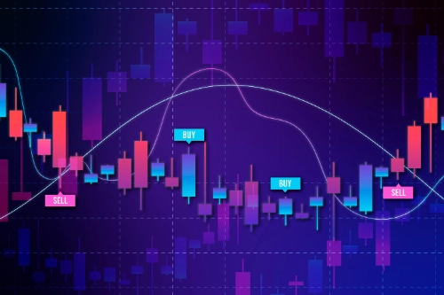 Un gráfico de velas financieras en tonos azules y morados, con líneas curvas de tendencia e indicadores de compra y venta (BUY / SELL).
