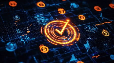 entorno digital complejo con un símbolo de verificación naranja brillante en el centro, rodeado de iconos de moneda y gráficos de datos