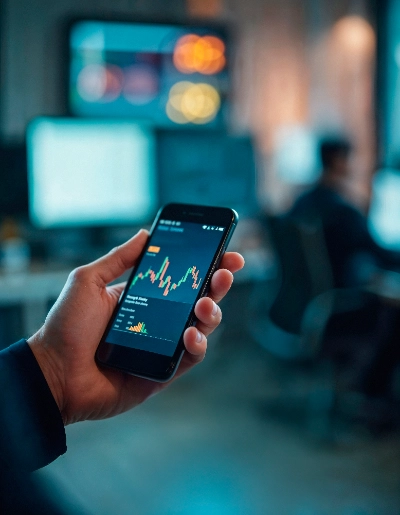 smartphone sostenido por una mano en primer plano, con una aplicación de trading móvil abierta que muestra un gráfico de velas ascendente.