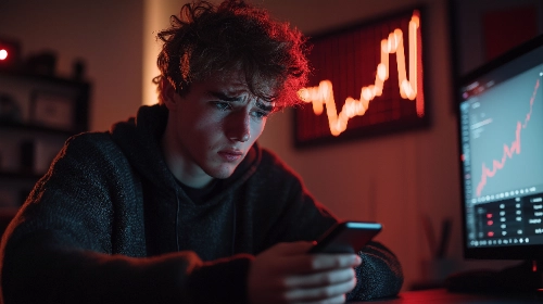 Un joven preocupado mirando su celular en una habitación oscura, con pantallas de gráficos financieros en rojo de fondo.