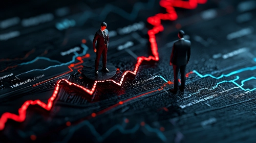 Render 3D de dos figuras en miniatura de hombres de negocios con traje parados sobre una superficie oscura con una línea de gráfico roja, brillante y descendente que simula una crisis económica.
