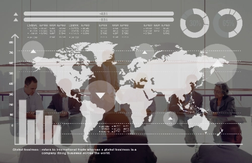 Una interfaz gráfica semitransparente con un mapa mundial blanco, gráficos de barras, diagramas de dona con porcentajes y datos financieros