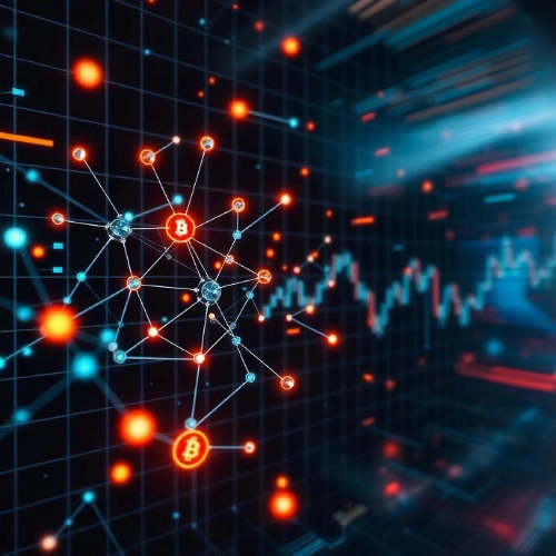 Un gráfico digital abstracto que muestra una red de nodos interconectados con el símbolo de Bitcoin brillantes en naranja y azul, junto a un gráfico de velas financieras al fondo.