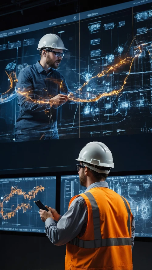 Un ingeniero con casco y chaleco reflectante monitorea pantallas de control industrial que muestran diagramas eléctricos complejos y flujos de energía luminosos.