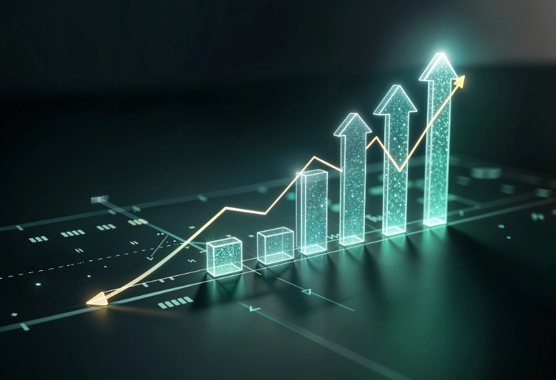 Una visualización de datos en 3D muestra un gráfico de barras translúcidas resplandecientes en tono turquesa junto a una línea dorada ascendente sobre una superficie interfaz futurista.